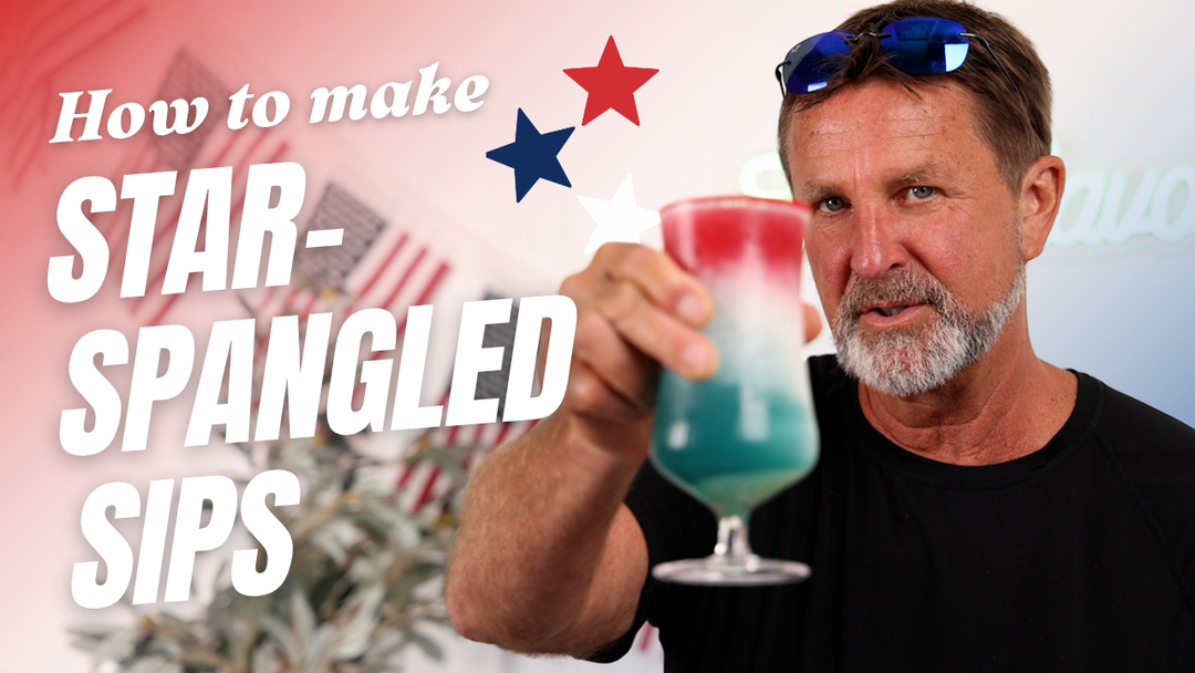 A white man in his 60s holding a red white blue cocktail drink with the text "How to make Star-Spangled Sips"overlaid 