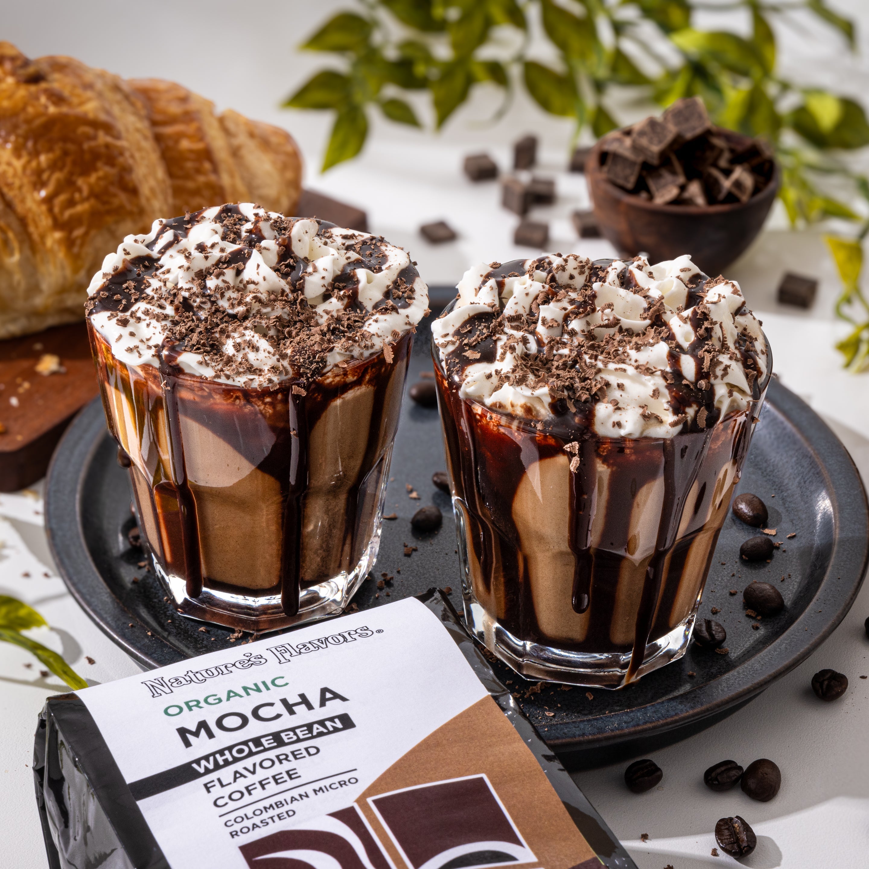 Two delightful cups of coffee adorned with whipped cream and a tempting chocolate drizzle on top featuring Nature's Flavors Organic Flavored Coffee Columbian Micro roasted Mocha Flavored Beans.