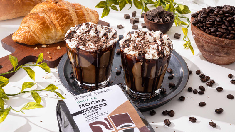Two delightful cups of coffee adorned with whipped cream and a tempting chocolate drizzle on top featuring Nature's Flavors Organic Flavored Coffee Columbian Micro roasted Mocha Flavored Beans.