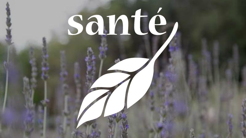 Logo of "Sante" with a white leaf overlaid on a photo of lavender