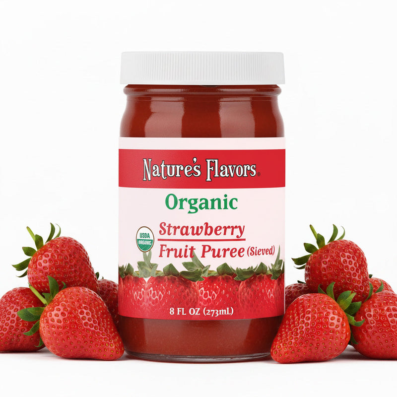 Jar labeled, "Organic Strawberry Fruit Puree (Sieved)" with strawberries surrounding it. 