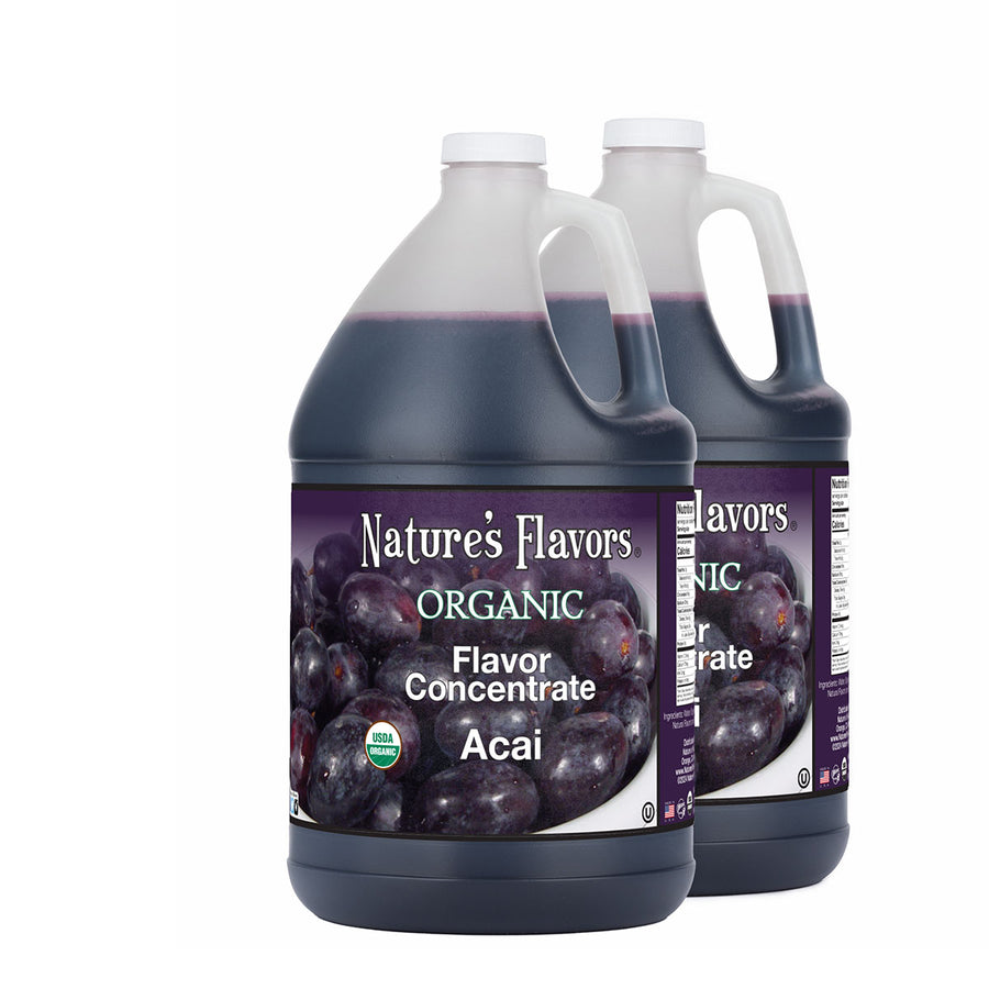 2, 1gal bottles labeled Organic Flavor Concentrate, Acai