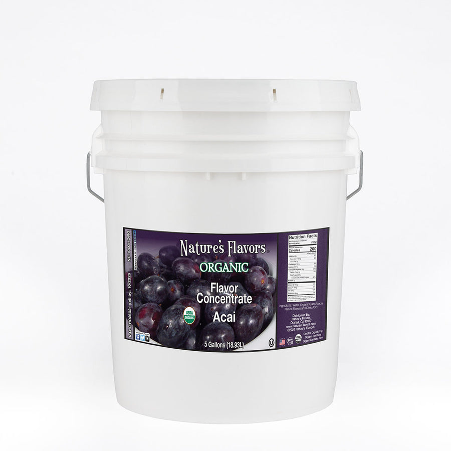 5gal bucket labeled Organic Flavor Concentrate, Acai