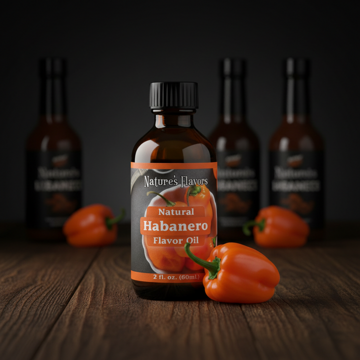 Bottle of Nature's Flavors Natural Habanero Flavor Oil with habanero peppers on a wooden surface.