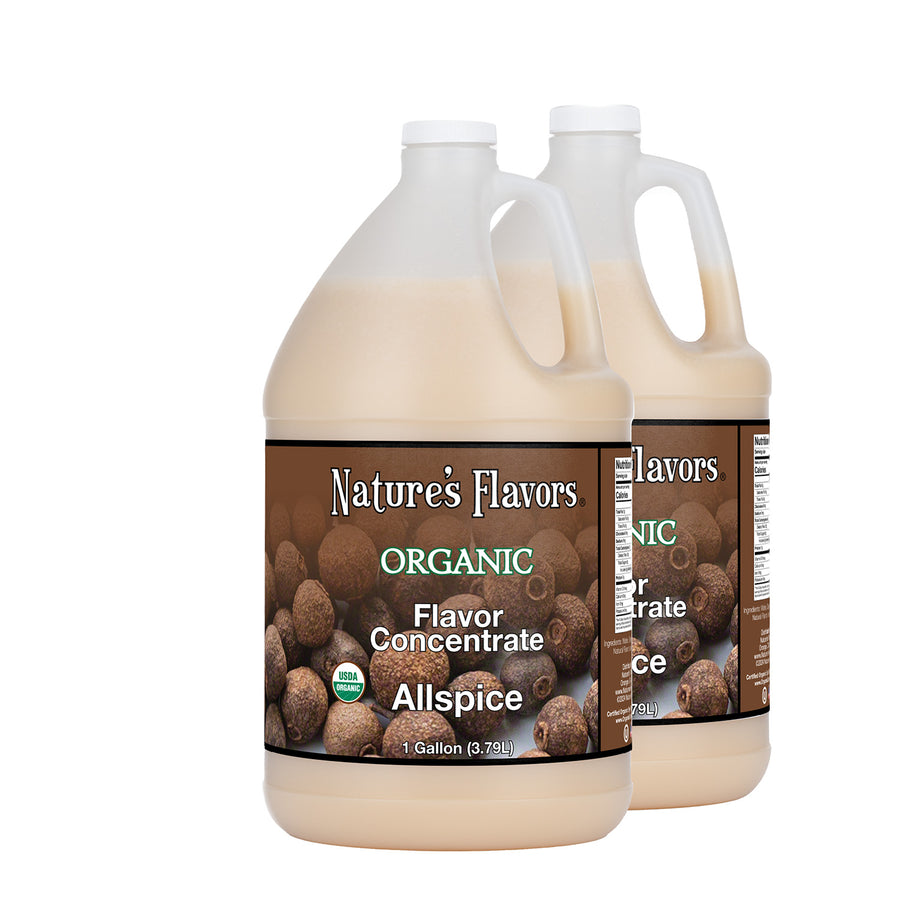 2, 1 gal bottles with Organic Flavor Concentrate, Allspice on the label