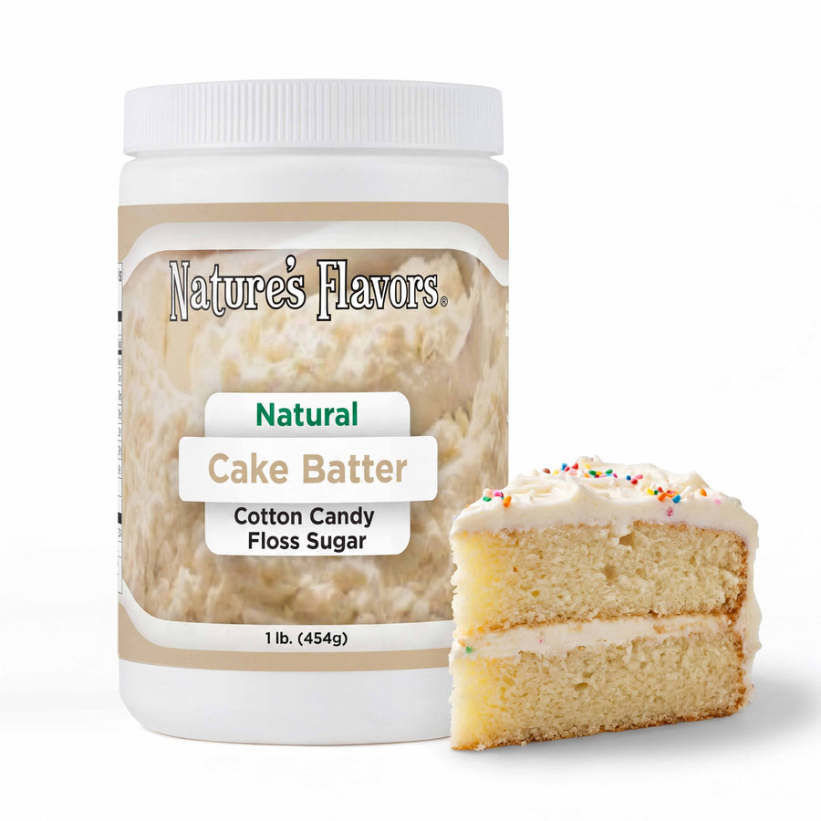 Tub labeled, "Natural Cake Batter Cotton Candy Floss Sugar" with a small slice of cake next to it. 
