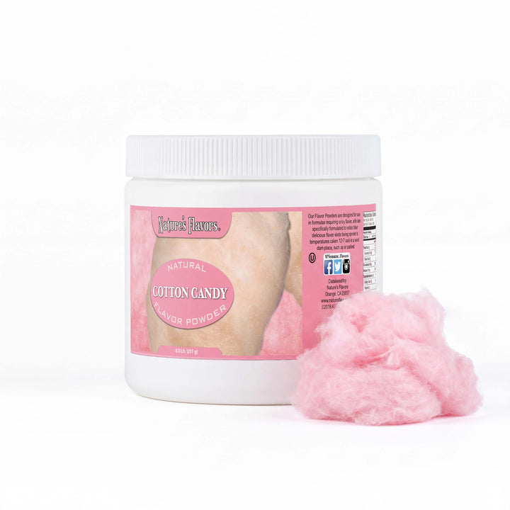 tub labeled, "Natural Cotton Candy Flavor Powder" with cotton candy next to it. 