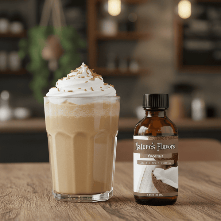 Glass of coffee with whipped cream and a bottle of Nature's Flavors coconut flavoring on a wooden surface.