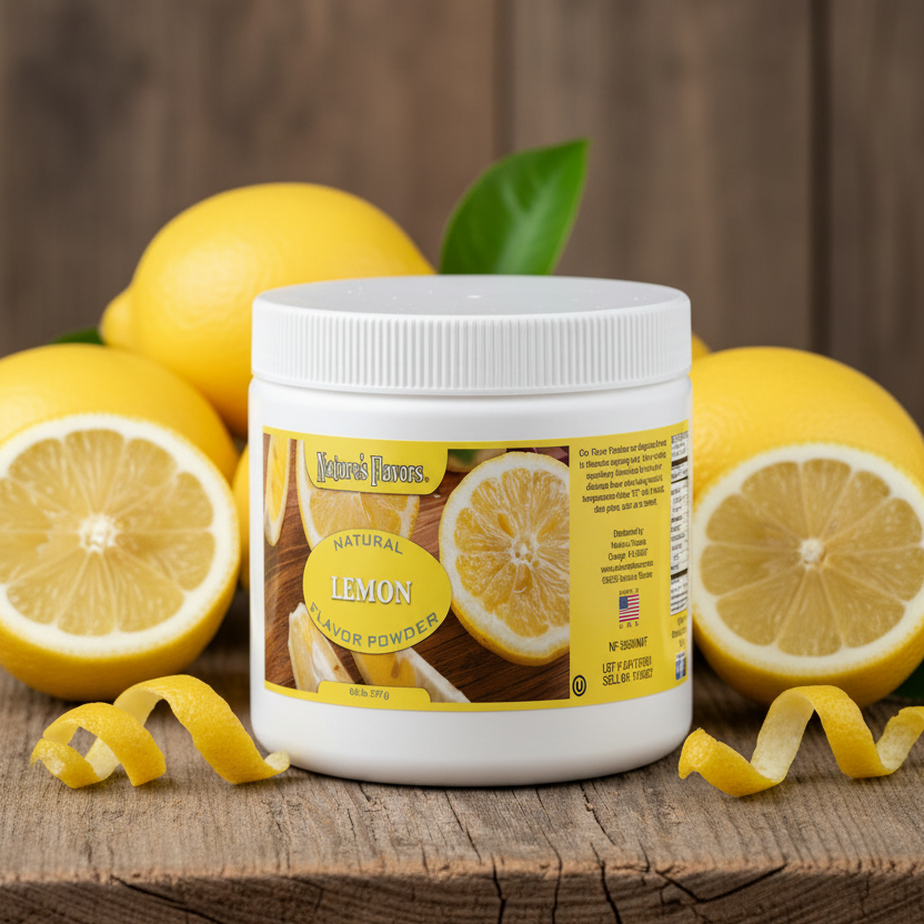 Jar of Nature's Flavors Lemon Flaovr Powder with lemons on a wooden surface