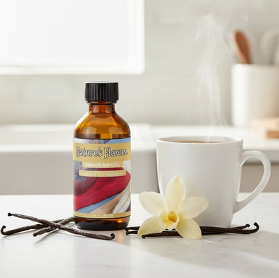 Bottle of Nature's Flavors vanilla extract with a vanilla flower and vanilla beans on a white surface.
