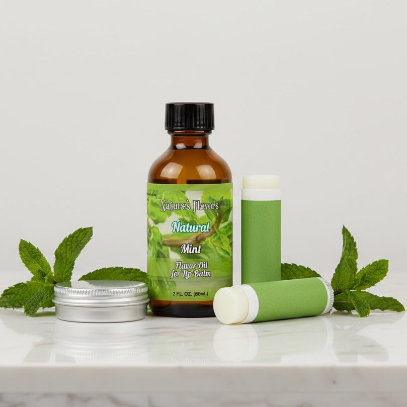 Bottle of Nature's Flavors Natural Mint Flavor Oil for Lip Balm on a white surface with mint leaves.