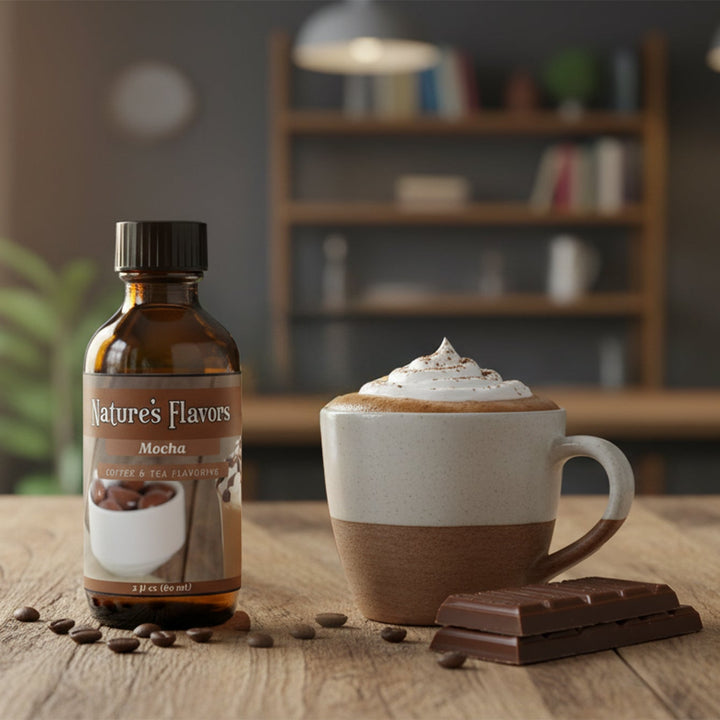 Bottle of Nature's Flavors Mocha flavoring for coffee and tea on a wooden table with a cup of mocha coffee and chocolate bar.