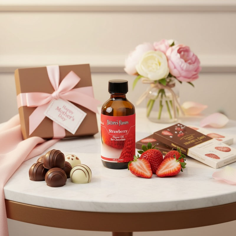 Table with strawberry-flavored products including a bottle, chocolates, and strawberries, with a gift box and flowers in the background.