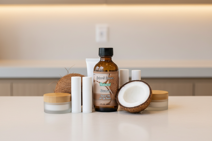 Coconut oil bottle and products on a white surface with a neutral background