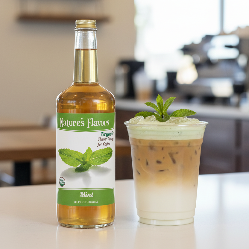 Nature's Flavors Mint syrup bottle with a glass of iced mint latte on a kitchen counter.