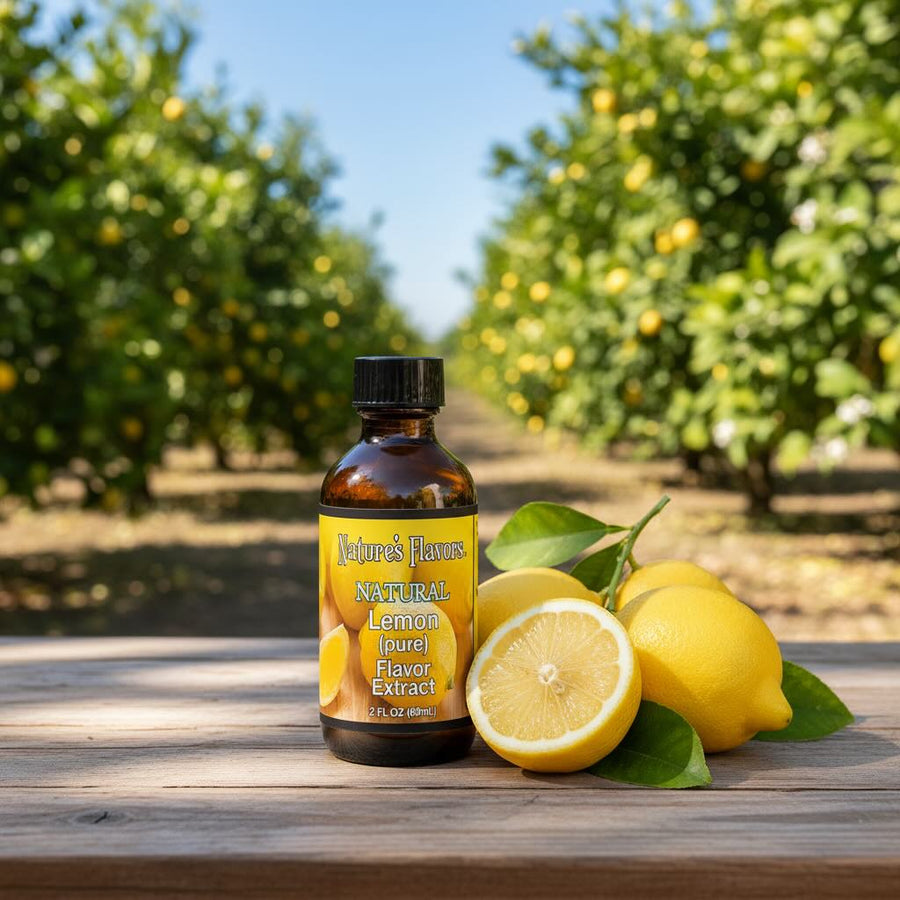 Bottle of Nature's Flavors Lemon flavor extract with lemons on a wooden table in an orchard.