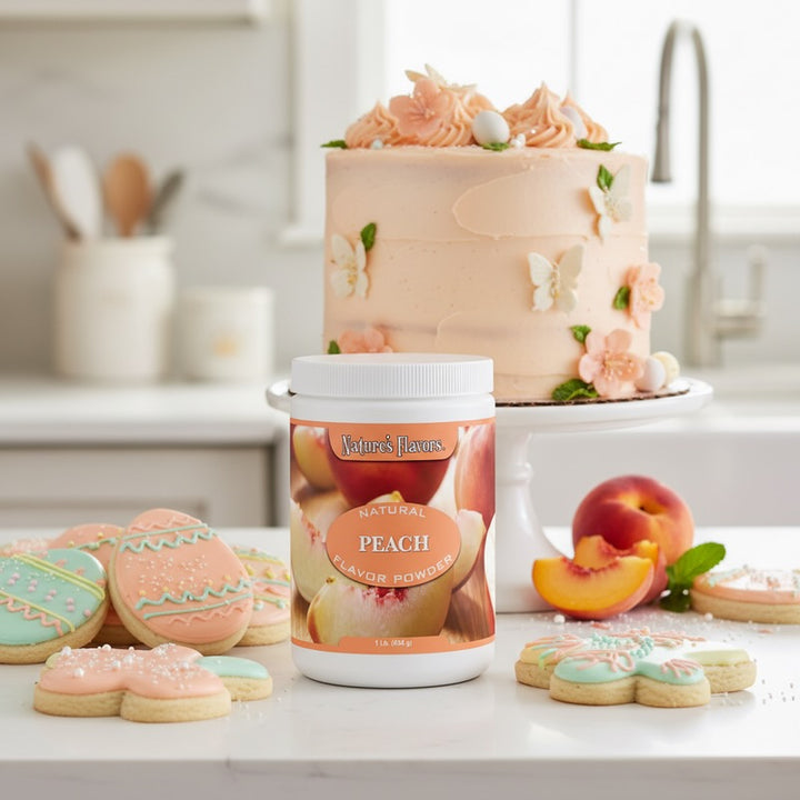 Peach-flavored cookie jar with peach-themed cookies and a decorated cake in a kitchen setting
