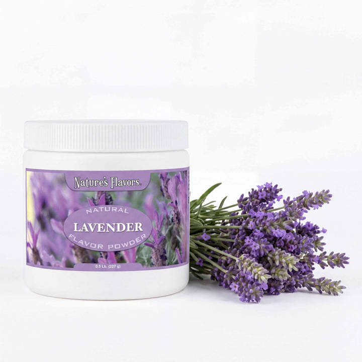 Tub labeled, "Natural Lavender Flavor Powder" next to a group of lavender plants. 
