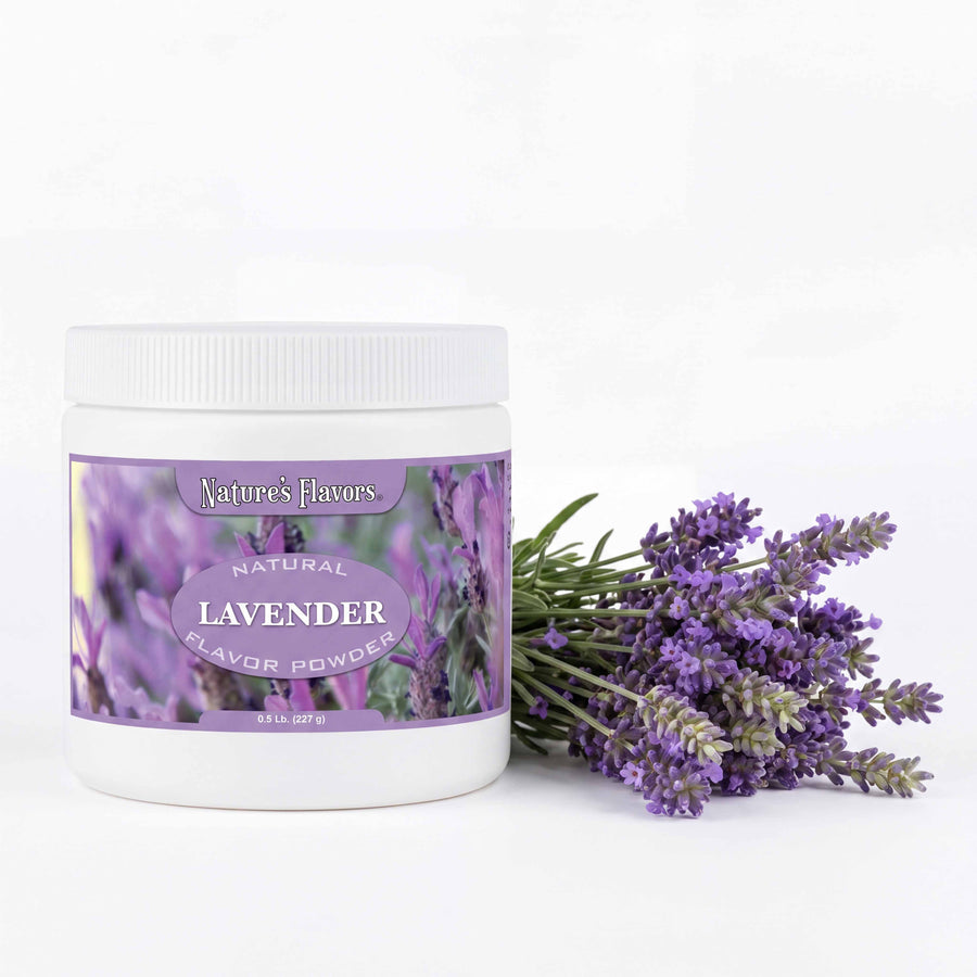 Tub labeled, "Natural Lavender Flavor Powder" next to a group of lavender plants. 
