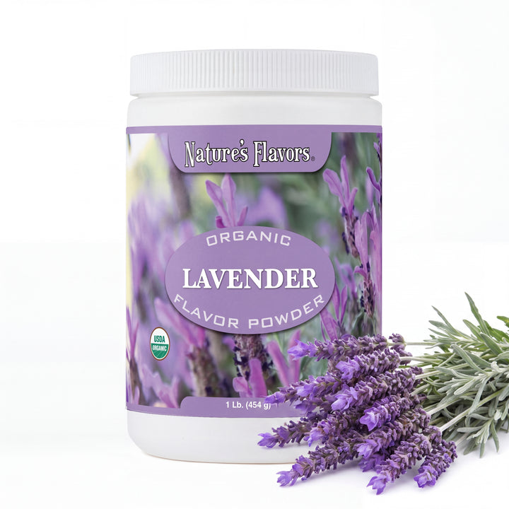 Tub labeled, "Organic Lavender Flavor Powder" with small lavender plants right behind it. 