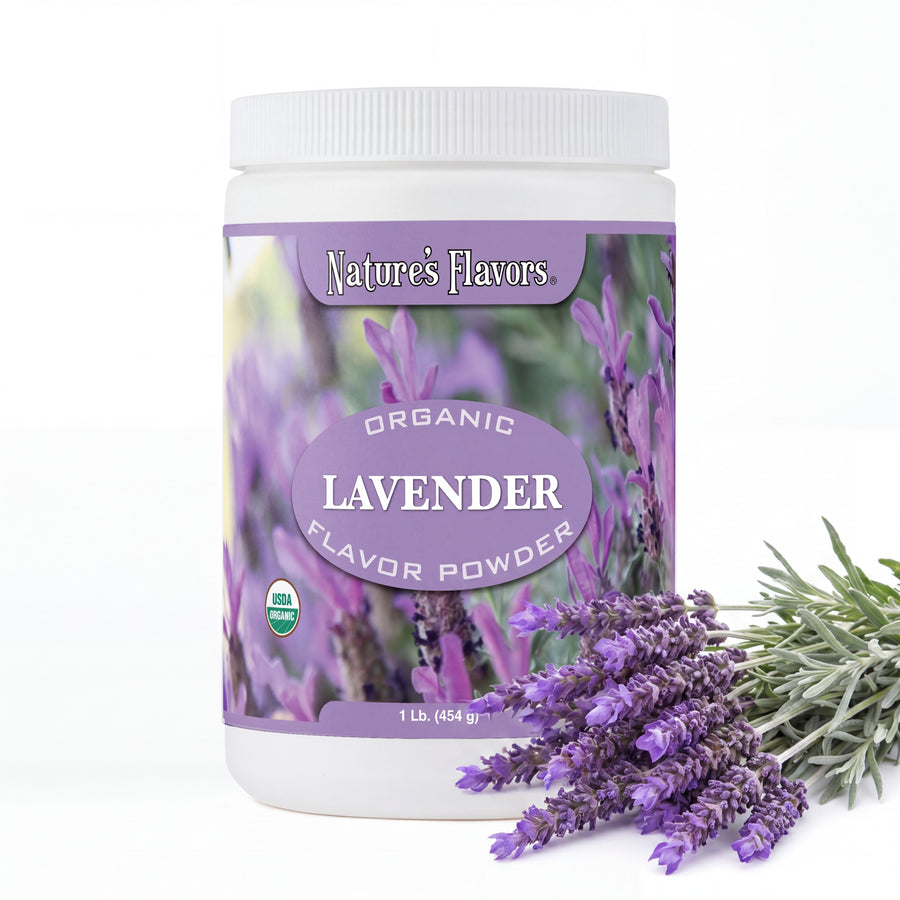 Tub labeled, "Organic Lavender Flavor Powder" with small lavender plants right behind it. 