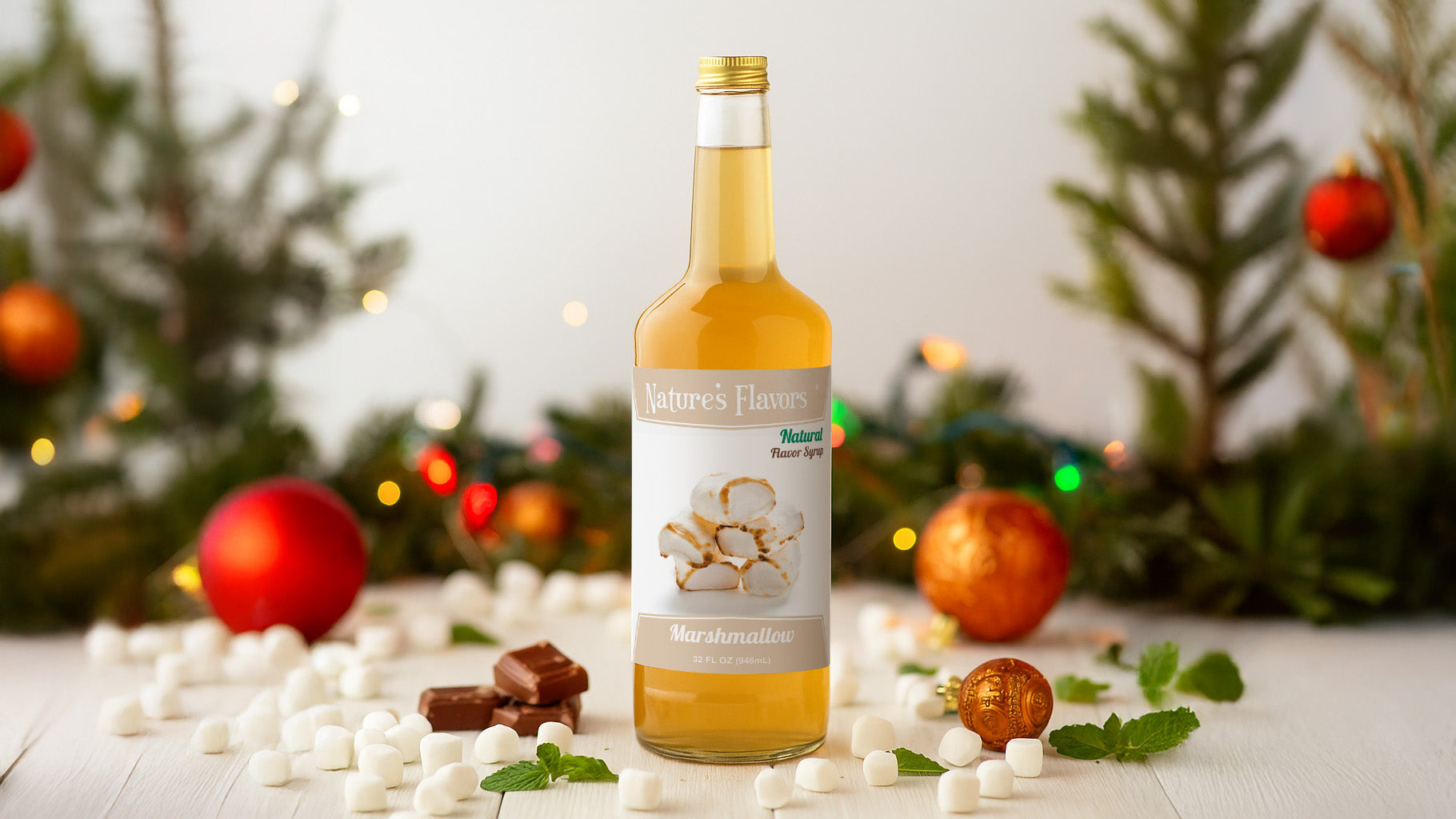 Bottle of 'Nature's Flavors' Marshmallow Syrup with festive decorations in the background