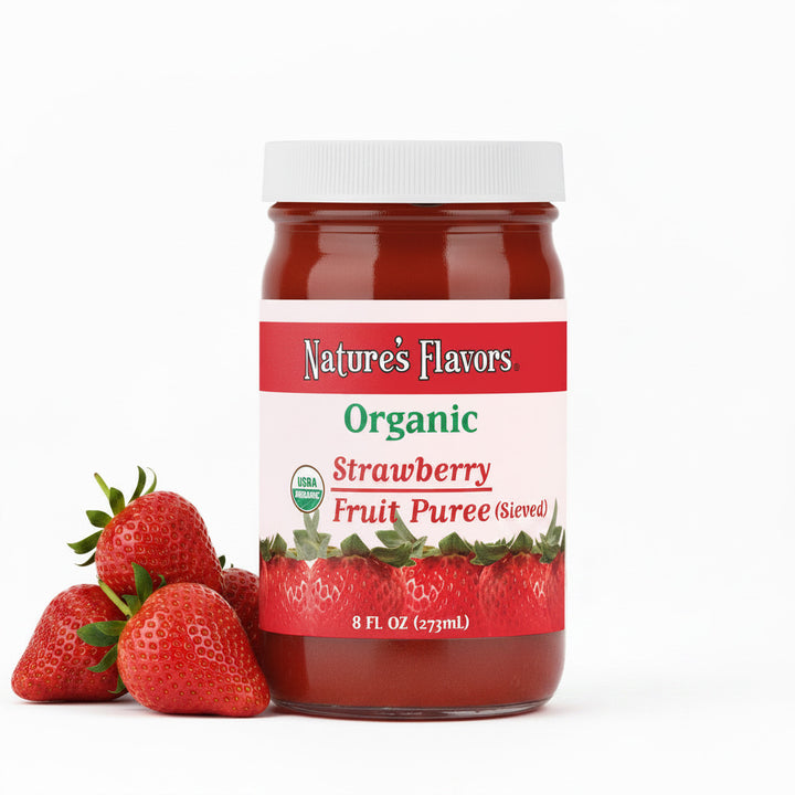 Jar labeled, "Organic Strawberry Fruit Puree (Sieved)" with strawberries surrounding it. 