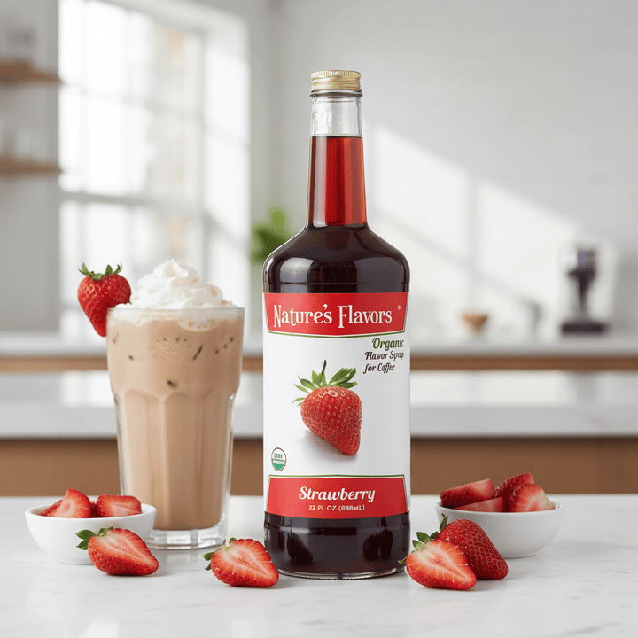 Bottle of Nature's Flavors strawberry syrup with a glass of iced coffee and strawberries on a kitchen counter.
