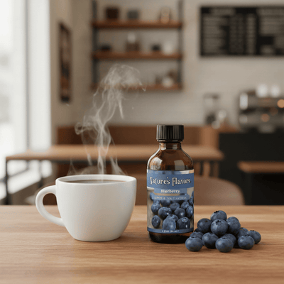 blueberry flavoring for coffee beans next to a cup of coffee and pile of blueberries in a cafe