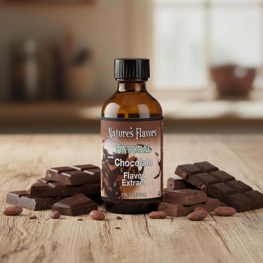 Bottle of Nature's Flavors Natural Chocolate Flavor Extract surrounded by chocolate pieces on a wooden surface.