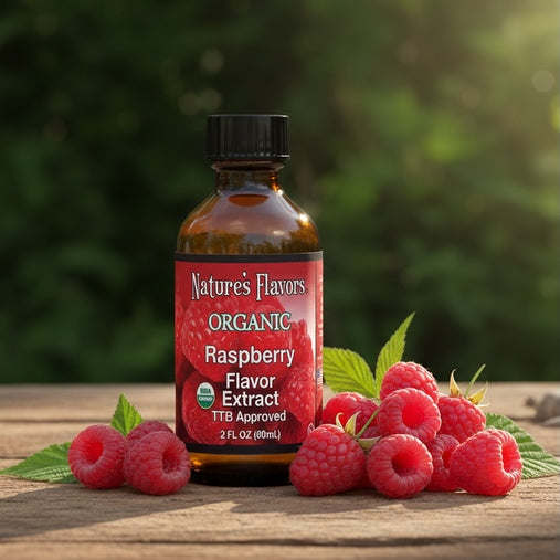Bottle of Nature's Flavors Organic Raspberry Flavor Extract with raspberries on a wooden surface