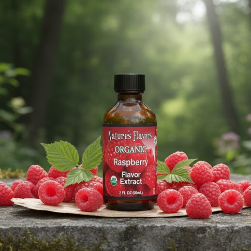 Bottle of Nature's Flavors Organic Raspberry Flavor Extract surrounded by raspberries in a forest setting