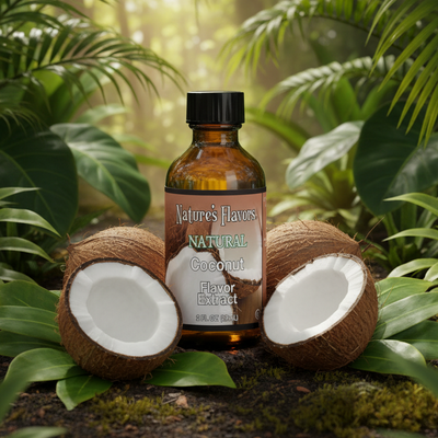 Bottle of Nature's Flavors Natural Coconut Flavor Extract surrounded by coconuts and green foliage