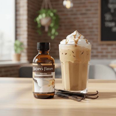 Vanilla coffee bean flavoring from nature's flavors next to vanilla beans and iced coffee in a cafe setting
