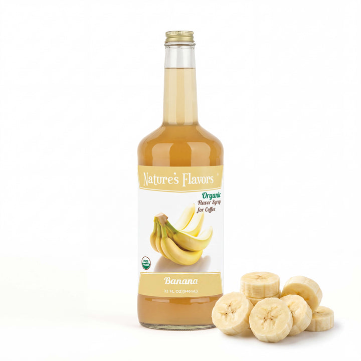 bottle labeled, "Organic Floor Syrup for Coffee Banana" next to a few banana slices.
