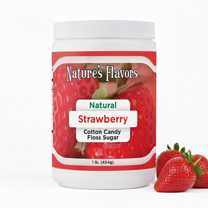Tub labeled, "Natural Strawberry Cotton Candy Floss Sugar" with strawberries around it. 