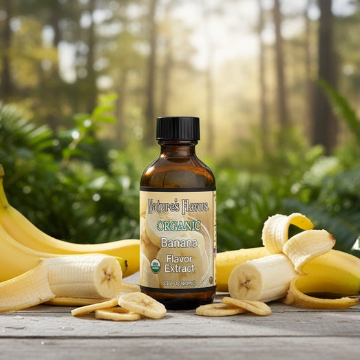 Bottle of Nature's Flavors Organic Banana Flavor Extract with bananas on a wooden surface and forest background