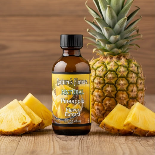 Bottle of Nature's Flavors Natural Pineapple Flavor Extract with a pineapple and slices on a wooden background