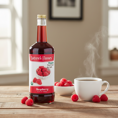 Bottle of Nature's Flavors raspberry syrup on a table with raspberries and a steaming cup of coffee.