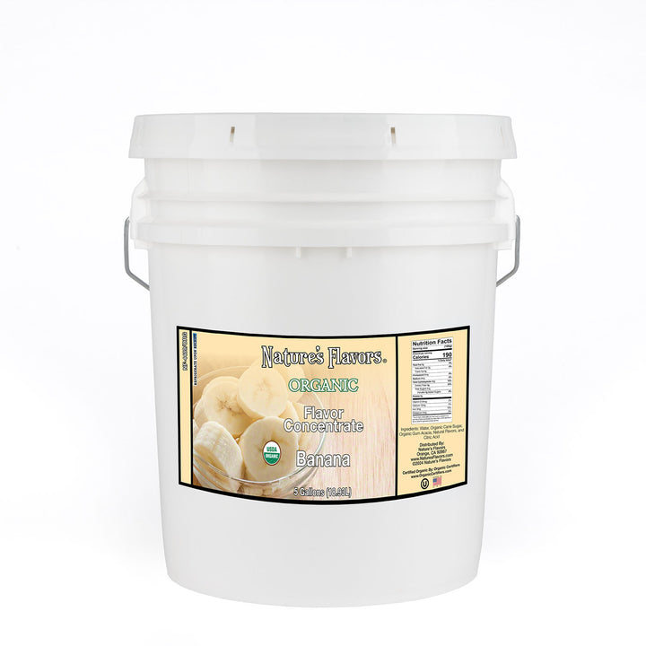 5gal bucket with Organic Flavor Concentrate, Banana label