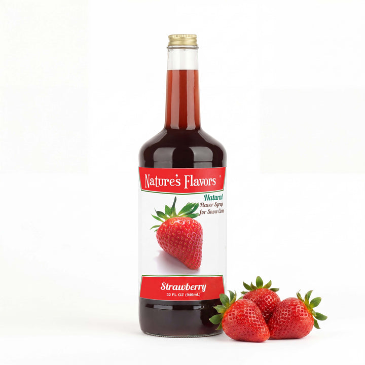bottle labeled, "Natural Flavor Syrup for Snow Cone Strawberry" next to a few strawberries. 