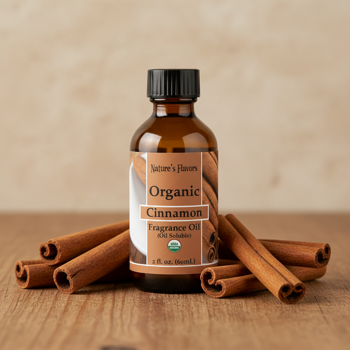 Bottle of Organic Cinnamon Fragrance Oil with cinnamon sticks on a wooden surface