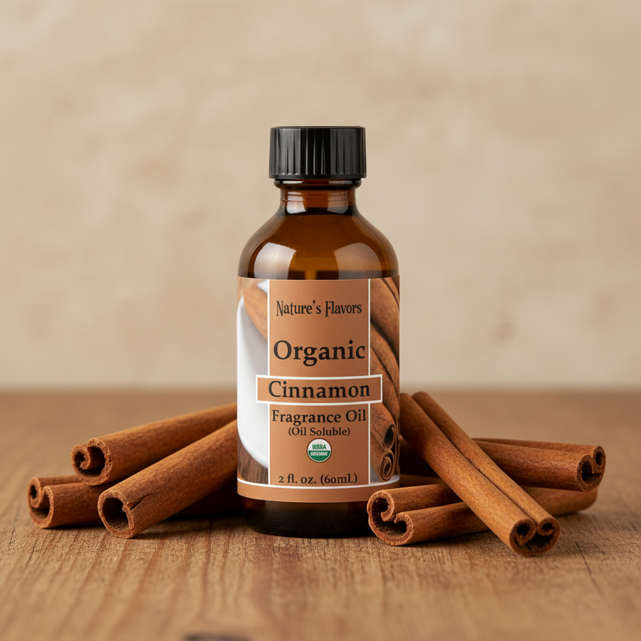Bottle of Organic Cinnamon Fragrance Oil with cinnamon sticks on a wooden surface