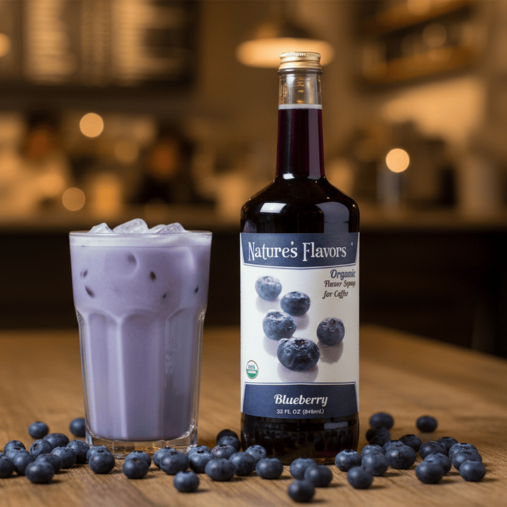 blueberry coffee syrup and blueberry latte