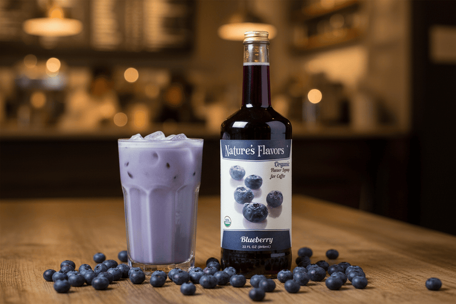 blueberry coffee syrup and blueberry latte
