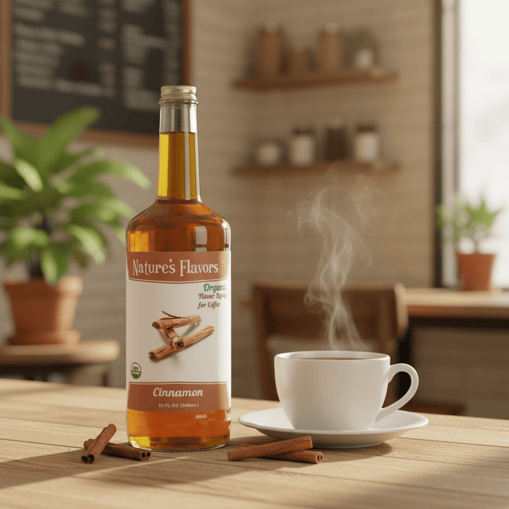 Bottle of Nature's Flavors cinnamon syrup on a table with a steaming cup of coffee.