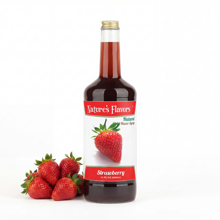 bottle labeled, "Natural Flavor Syrup Strawberry" surrounded by strawberries. 
