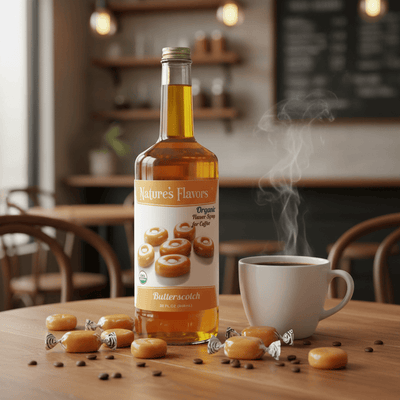 Bottle of Nature's Flavors Butterscotch syrup on a table with a steaming cup of coffee and butterscotch candies.