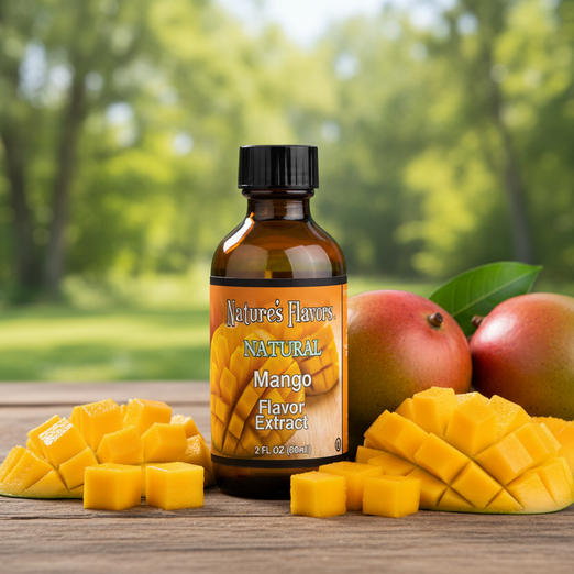 Bottle of Nature's Flavors Natural Mango Flavor Extract with mangoes on a wooden surface