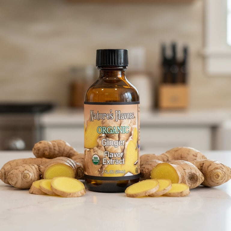 Bottle of Nature's Flavors Organic Ginger Flavor Extract with ginger roots and slices on a kitchen counter.